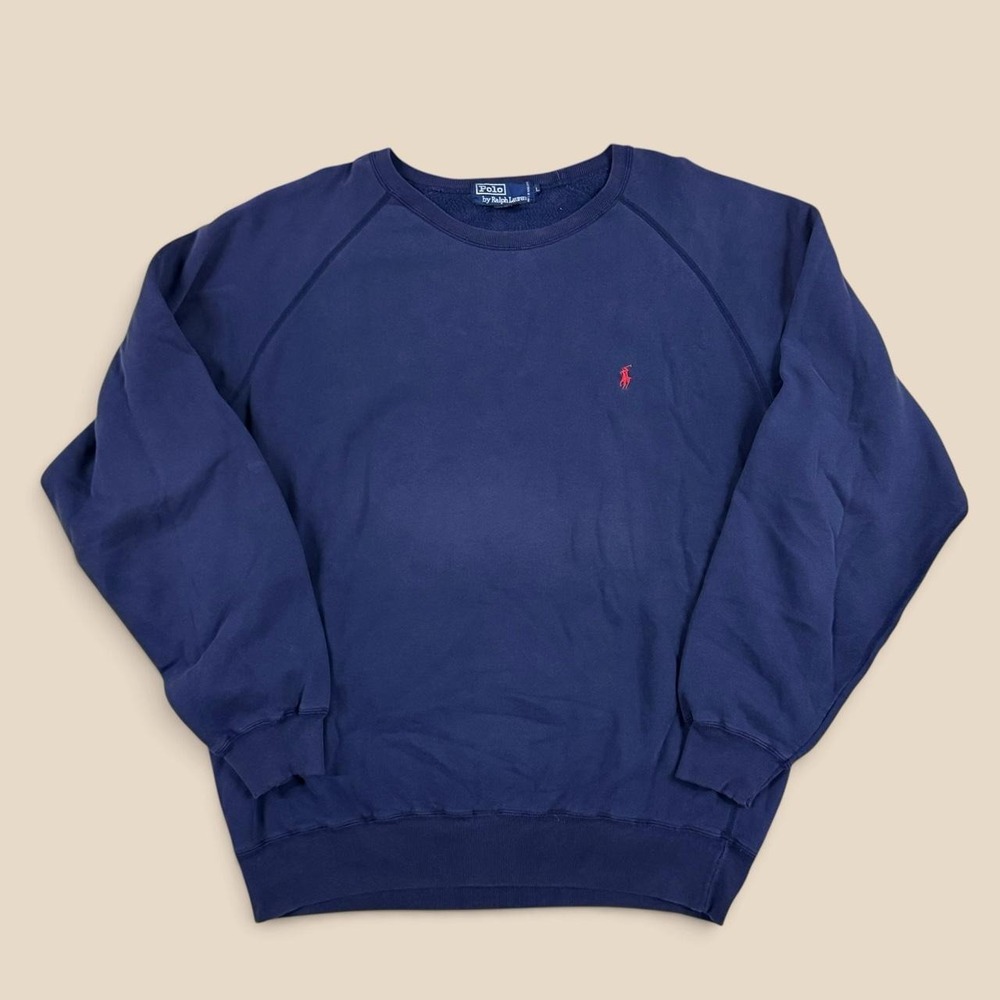 Vintage Polo Ralph Lauren Raglan Crewneck Sweatshirt Navy Blue Large Faded 90s
